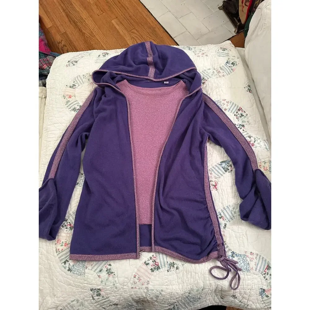 VINTAGE DESIGNER PURPLE CASHMERE SWEATER SET HOODIE + LAVENDER TANK S GLITTER